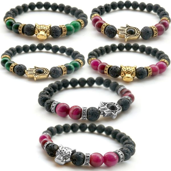 

8 styles men women 8mm lava rock leopard head hamsa fatima 7 chakras beads bracelet elastic natural stone yoga bracelet bangle d154s, Black