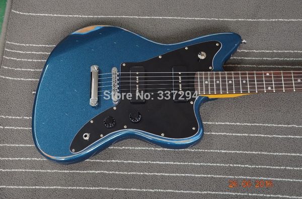 Custom Shop Fano Alt De Facto JM6 azul metálico Relic guitarra elétrica preta P-90 Pickuos Preto Pickguard