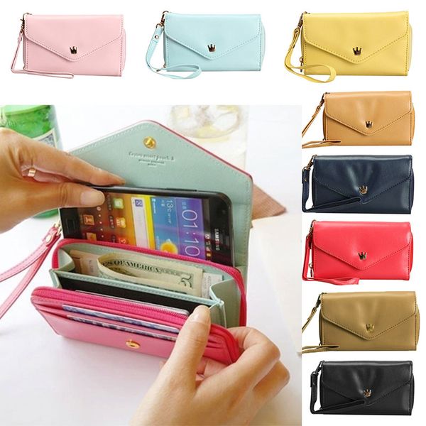 

wholesale- fashion girls love crown smart pouch wallet pu leather portable mobile phone bag case lxx9, Red;black