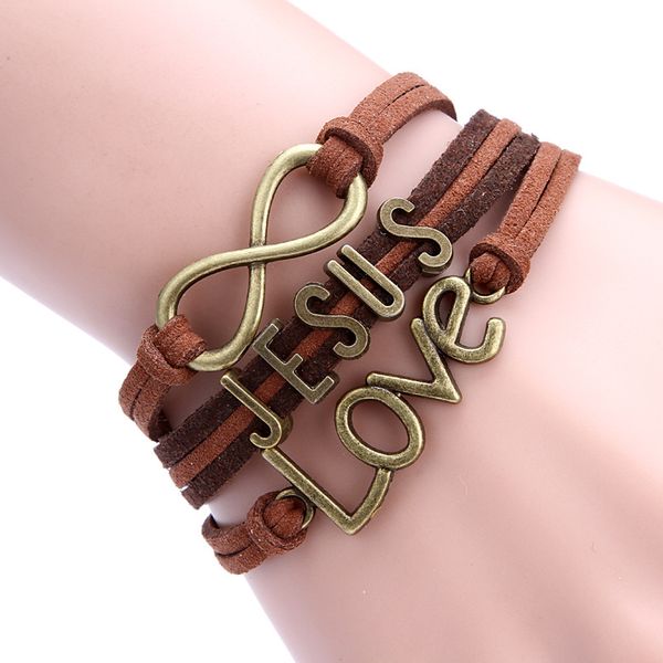 

wholesale- vintage infinity charm bracelet bangle i love jesus rope bracelet multi layer braided leather handmade combination pattern charm, White