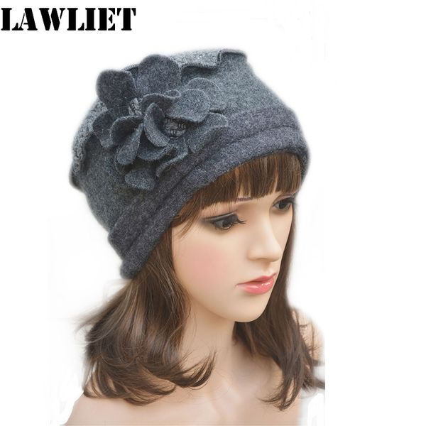 

wholesale-a125 dark gray flower waves trimmed womens wool beanie cap dress crochet winter hat, Blue;gray