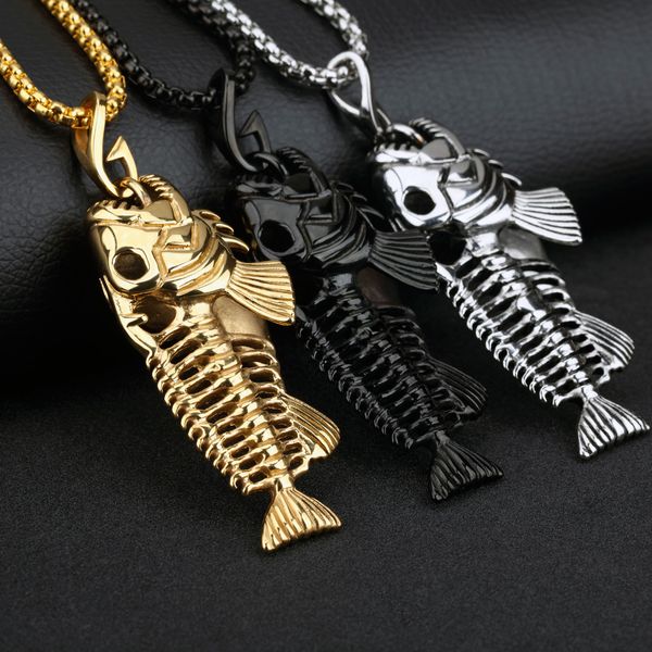 

heavy fish skeleton biker pendant silver/gold/black stainless steel necklace new with rolo chain 4mm*24"