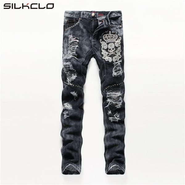 Wholesale-European American Style men fashion jeans cotton luxury quality slim skulls brand Straight men hole jean black denim trousers