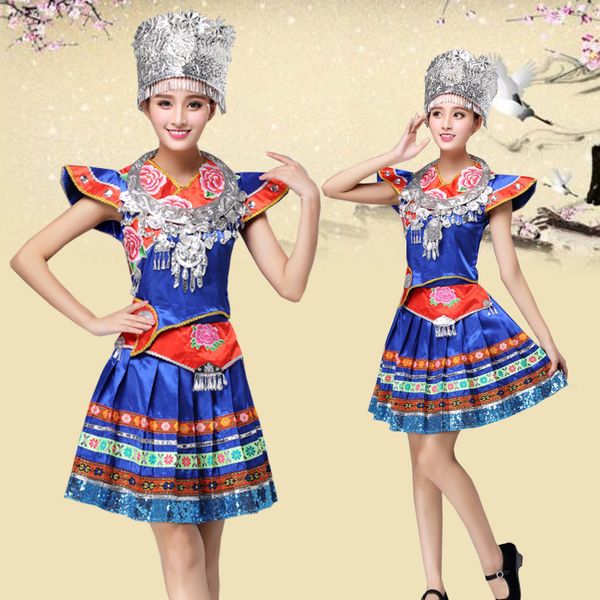Neuankömmling blaue weibliche Tanzkostüme Kleidung Chinesisches Miao nationales traditionelles Leistungskleid Ethnische Kleidung Bühnenkostüme für Sänger