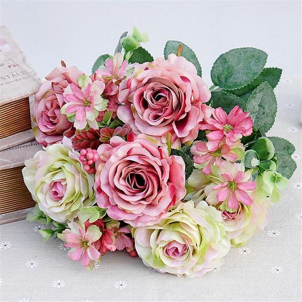 Acheter Faux Bouquet De Roses Européen 11 Tiges Pièce 38cm De Longueur De Tête De Fleur De Cerisier Artificiel Avec Fruits En Mousse Pour Le Mariage