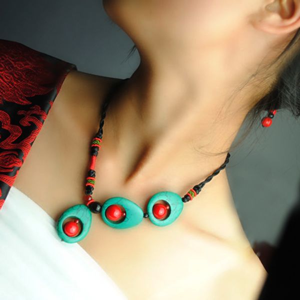 

high-quality national wind necklace, turquoise chain clavicle chain, hand-woven chinese wind gufeng fashion short necklace pendant jewelry, Silver