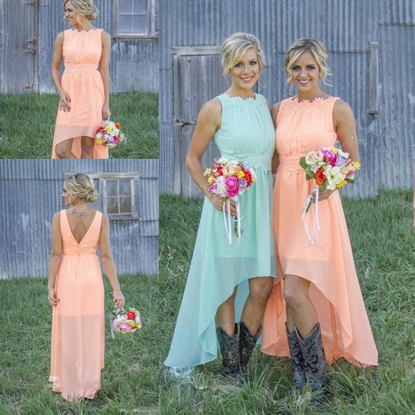 

2018 mint chiffon appliques country high low bridesmaid dresses maid of honor dresses a-line backless short bridesmaids party dresses, White;pink