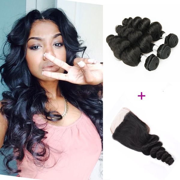 

brazilian loose wave hair with closure 3 bundles with lace closure peruvian indian malaysian virgin human hair weave bundles natural brown, Black;brown