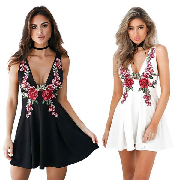 

women's sleeveless flower embroidery fashion dress women's elegant bodycon dress fashion party dress deep v-neck, White;black