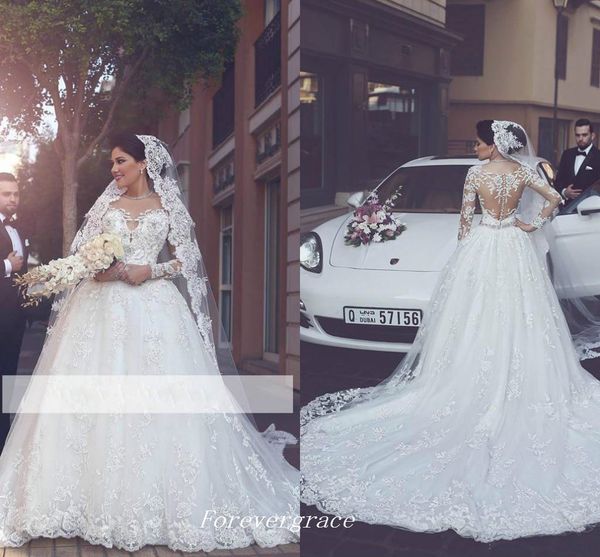 

new arabic lace appliques wedding dress a line illusion back long sleeves women wear bridal gown custom made plus size vestido de noiva, White