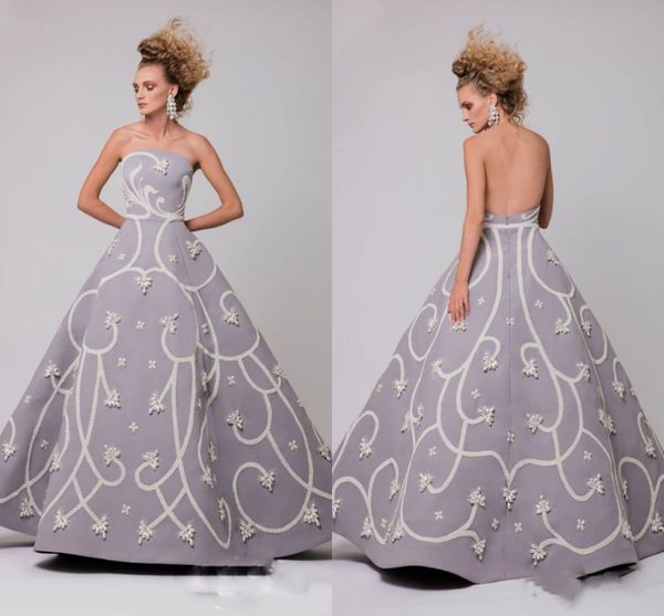 

elegant pearls beading arabic evening dresses gray strapless backless satin prom dresses floor length formal party gowns customized, Black;red
