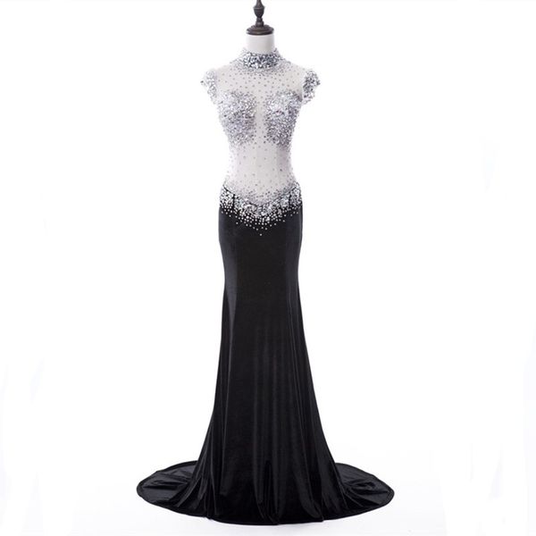 

high neck beaded crystal mermaid evening dress 2018 see through back long evening gowns custom made free, Black;red