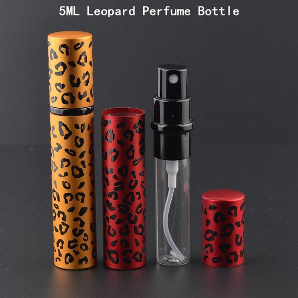 5 ML di alluminio Leopard Mini Riutilizzabile Bottiglia di vetro dello spruzzo vuoto Atomizzatore Tubo di profumo contenitore di olio essenziale con spruzzatore di metallo