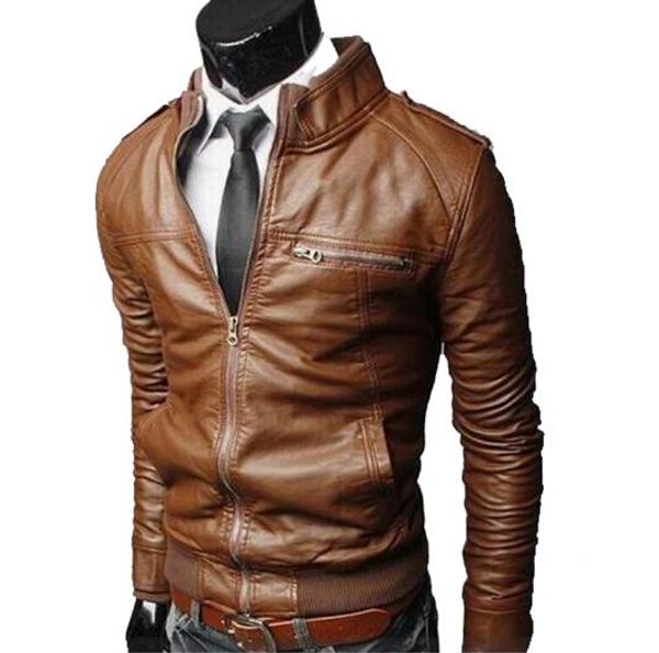 

wholesale- 2016 male leather fashion zipper leather clothing male casual stand collar water wash motorcycle leather jacket men, Black;brown