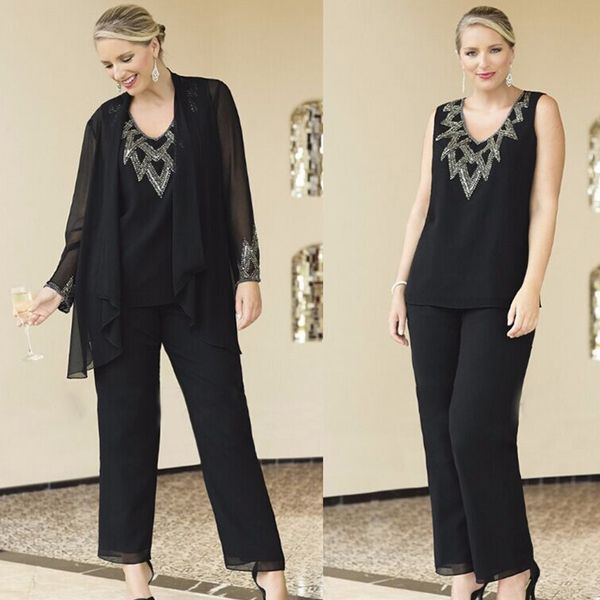 

урожай черный плюс размер мать невесты брюки костюмы с курткой бисер пляж свадьба гость жених платье дешевые матери наряд длинные одежды, Black;red