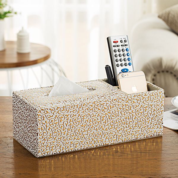 

wholesale- gold carve rectangle multifunction tissue box pen remote control storage home office desk organizer paper napkin towel cover
