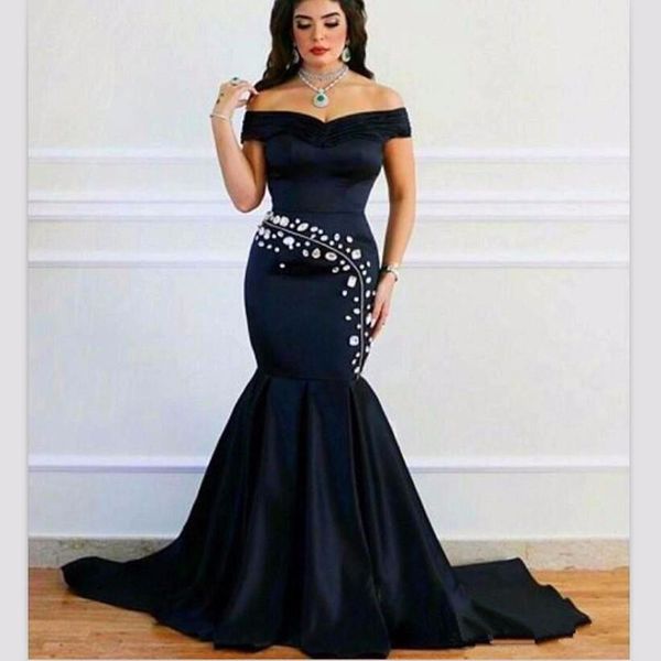 Saudi-Arabien Schwarzes Meerjungfrau-Abendkleid Heißer Verkauf Sexy schulterfreie Kristallhülle Abendkleider Sweep Train Prom Party Kleider