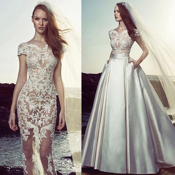 2019 Zuhair Murad Vestidos de Casamento de Praia Apliques de Renda Sexy Ilusão Corpete Destacável Trem Vestidos de Noiva de Manga Curta Contas de Vestido de Noiva