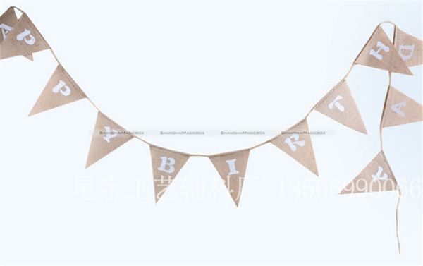 

wholesale- shanghaimagicbox new hessian burlap bunting banner flags happy birthday 41115009