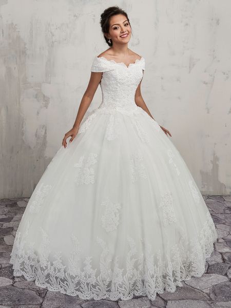 Ballkleid-Brautkleider im Vintage-Stil, schulterfrei, mit Schnürung am Rücken, Ballkleid aus Tüll mit Ball- und Spitzenapplikationen und Perlenverzierung