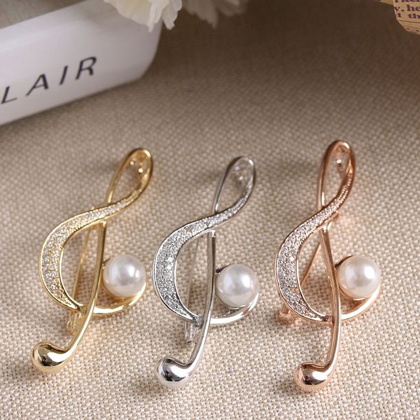 

wholesale- 2017 new 1 pc elegant music note inlay simulated pearl zirconia brooch pin for women girls stainless steel brooch clothing acces, Gray