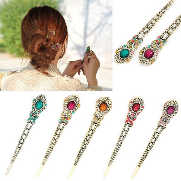 Moda Mulheres Retro Cristal Hairpin Jóias Étnicas Original Hair Stick Hair Clip # T701.