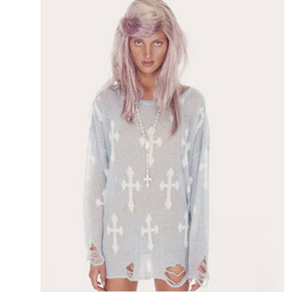 

wholesale- new fashion 2016 pullover women cross punk design loose casual sweater outerwear lady's knitwear women thin casual pullover, White;black