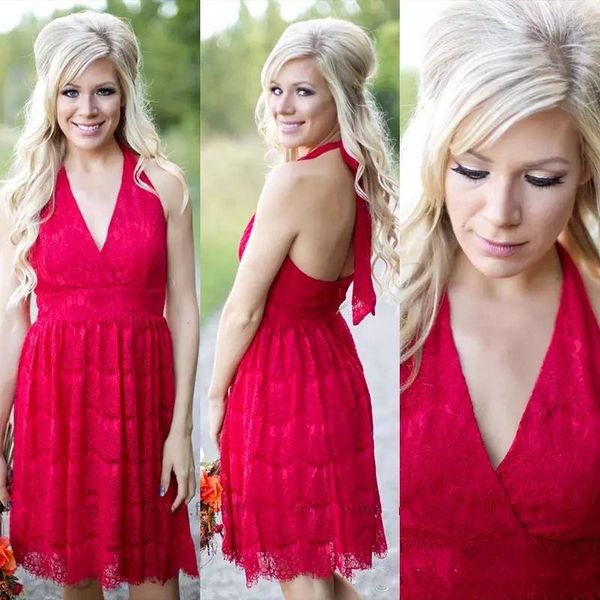 

2017 v-neck lace country short bridesmaid dresses halter neck backless wedding party wear maid of honor gowns custom made, Blue;red