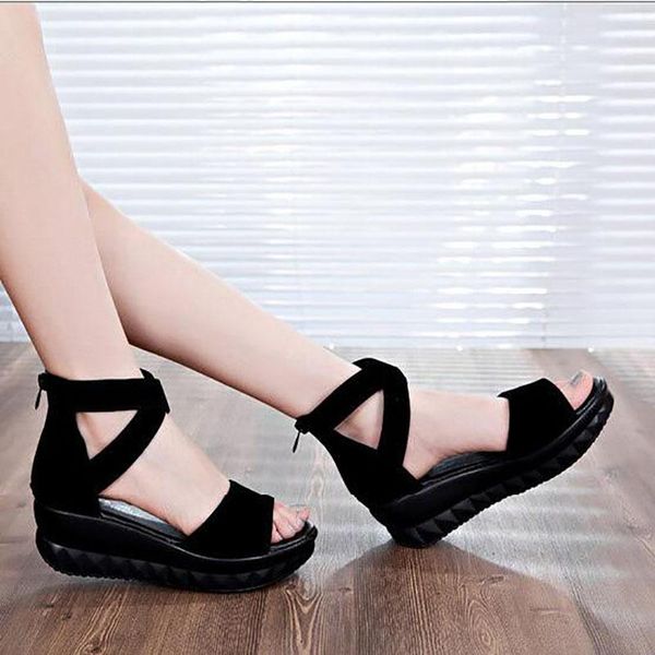 

new arrival summer women sandals waterproof platform new leather flat heel fish mouth large size sandals women casual shoes, Black