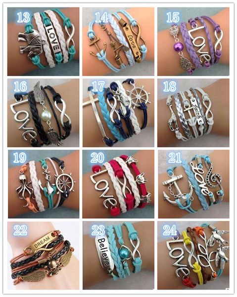 

leather bracelet antique cross anchor love peach heart owl bird believe pearl knitting bronze charm bracelets 30 colors ta134, Golden;silver