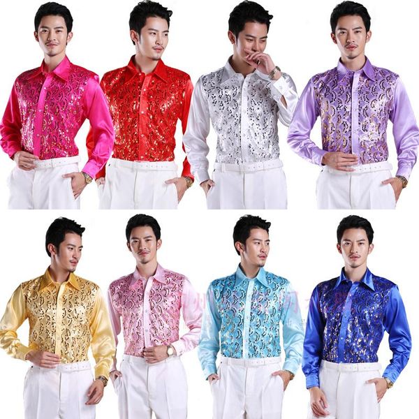 

wholesale- 2016 new men's glittering sequined shirt shirt stage performance clothing dance gala hosted chorus shirts high quality, White;black