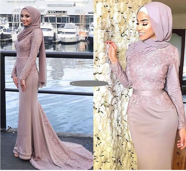 

2017 elegant muslim evening dresses scoop neck appliques ribbon sash satin dusty pink mermaid prom dresses formal gowns sweep train, Black
