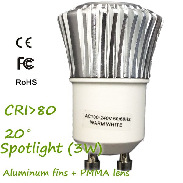 

gu10 / gu11 d35xh51mm ac 100-240 3w led мини прожектор 3000k 230lm, алюминиевое оребрение теплоотвод 3 светодиода с объективом 20 градусов