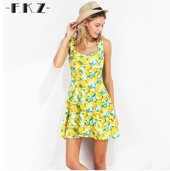 

fkz new summer dress women fruit lemon printed sleeveless dresses mini sundress deep square collar female dresses skq1341#, Black;gray