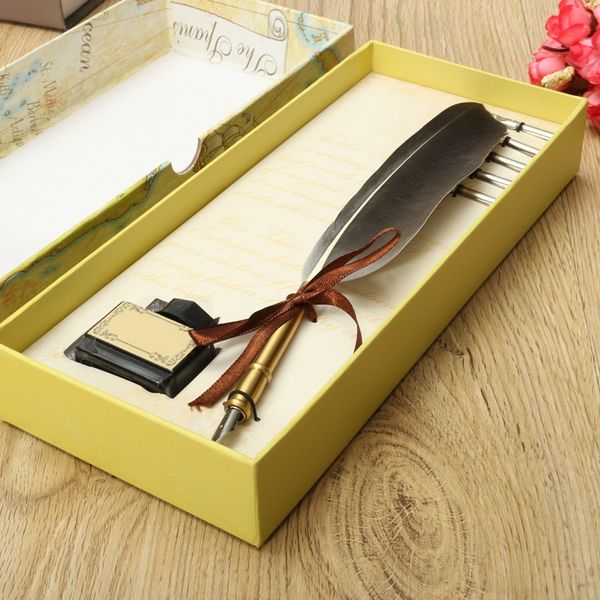 

wholesale-excellent antique quill feather dip pen writing ink set stationery gift box with 5 nib wedding gift quill pen fountain pen