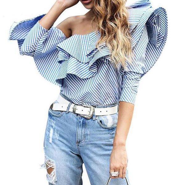 

2017 designer blouse women's one shoulder ruffles striped casual blouse top, White