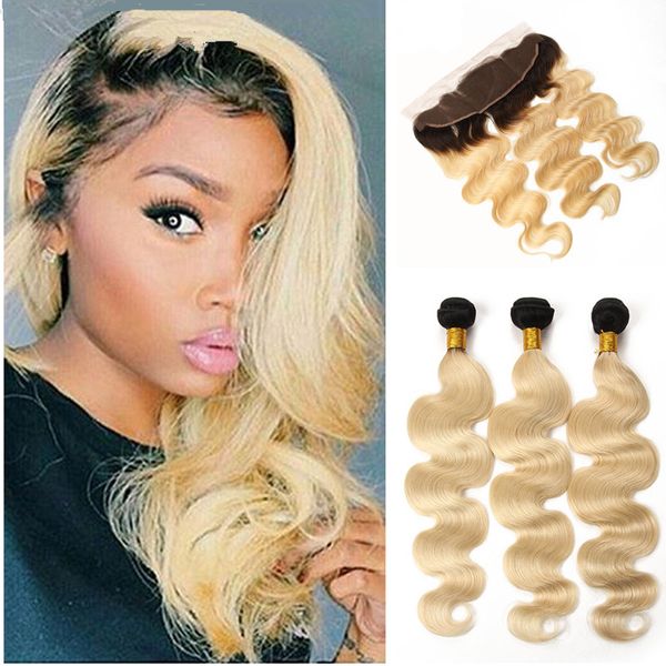 2019 1b 613 Ombre Color Hair Bundles With Lace Frontal Brazilian