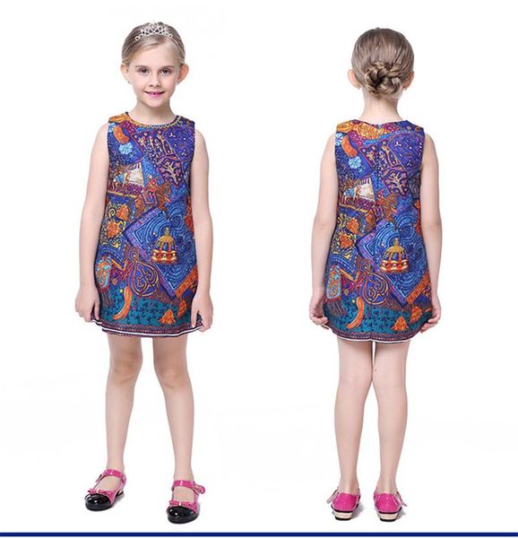 

girls dress jacquard round collar sleeveless dress europe and the united states childrens high end dress kid291, Red;yellow