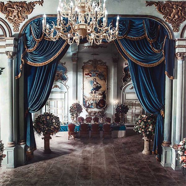 Innenschloss-Hochzeitsfotografie-Hintergrund, blauer Vorhang, Kristallleuchter, Steinsäulen, Fresko, Vintage-Studio-Fotohintergrund, Stoff