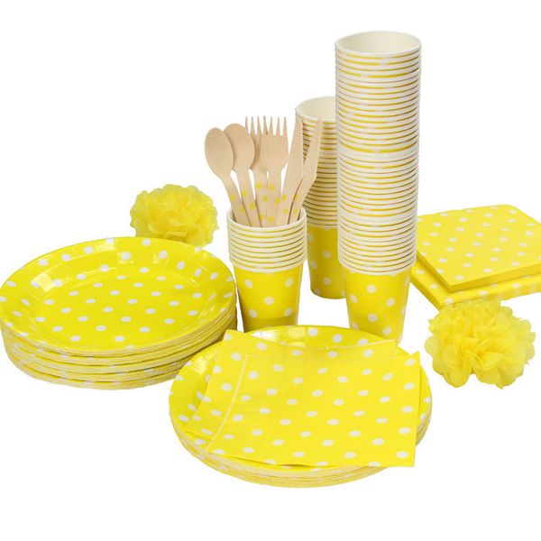 

wholesale- promotion yellow & white polka dots tableware party paper plate cups napkins paper straw,without cutlery set knives forks spoons
