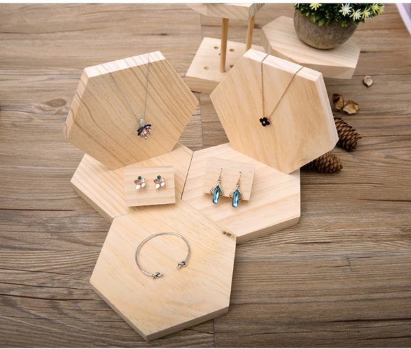 

[simple seven] muji style jewelry set holder natural wooden bracelet stands hexagon shape ring display pendant tray for craftshow/shopwindow, Black