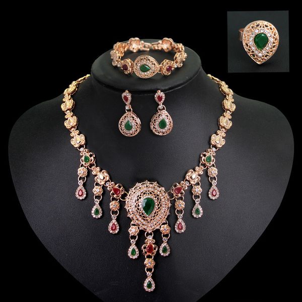 

women gold plated red green crystal jewelry sets with earrings statement necklace for party wedding boho trendy fashion necklace, Black