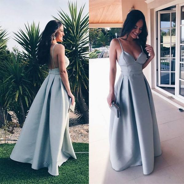 

fashion formal long prom dresses spaghetti straps sweetheart backless evening party gowns light blue satin floor length celebrity dress, Black