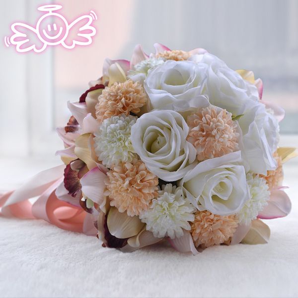 Günstige künstliche Hochzeitssträuße im neuen romantischen europäischen Stil, Rose, Sonnenblume, Cymbidium, Hochzeit, Brautblumen, Hochzeitstag