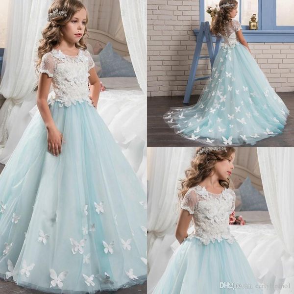 

ball gown lace flower girls dresses for weddings short sleeve jewel neck children first communion dress sweep train tulle pageant gowns, White;blue