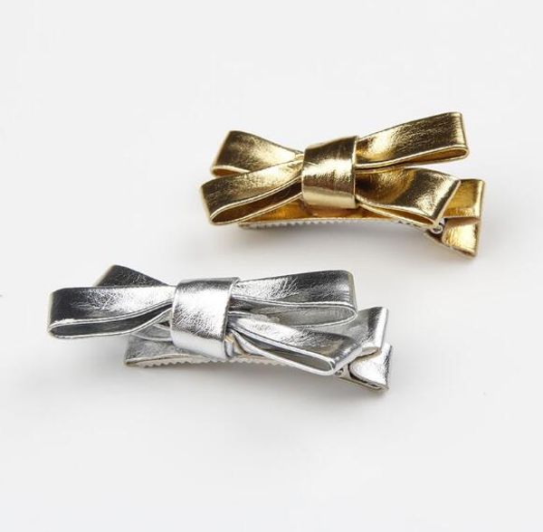 

princess gold silver bow knot hairpins metallic christmas party barrettes pu leather fabric hair clips toddler gifts yh621, Slivery;white