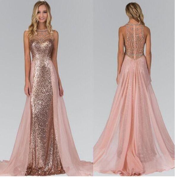 

2017 chic rose gold sequins chiffon crystal a-line prom dresses party evening wear over skirt luxury beaded pageant gowns, Black