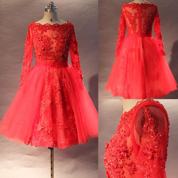 

red vintage short wedding dresses 2019 real image tulle applique beaded sequined ball gown long sleeve lace bridal gowns zipper back w1502, White