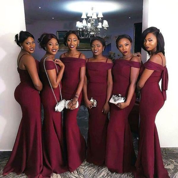 

2020 vintage burgundy long african bridesmaid dresses off shoulder spaghetti maid of honor mermaid formal prom dress ba4179