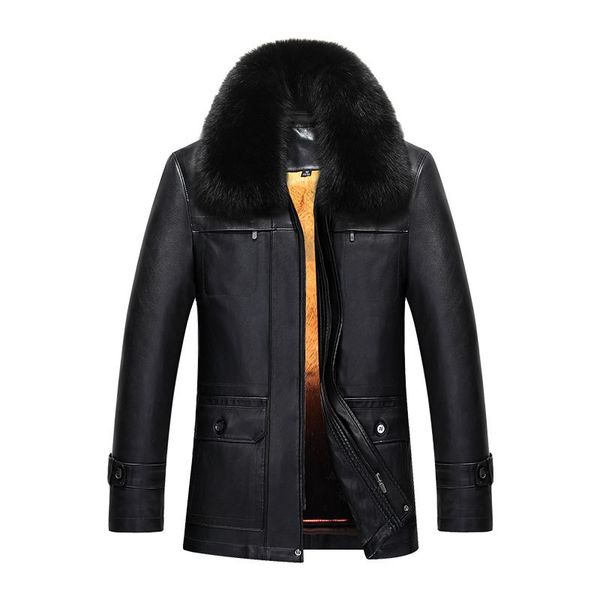 

mens winter coats sheepskin leather jackets real rabbit fur lining detachable snow overcoat super warm outwear 2017 newest, Black